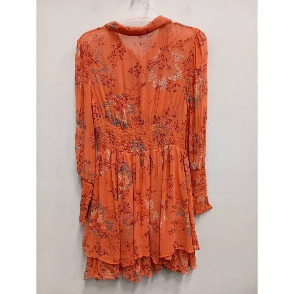 Free People Mini Dress Womens Small Orange Floral Boho Smocked Waist Long Sleeve - Picture 5 of 10